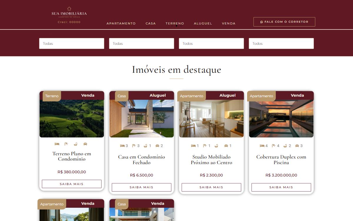 Modelo de site para imobiliária com vitrine de imóveis e busca